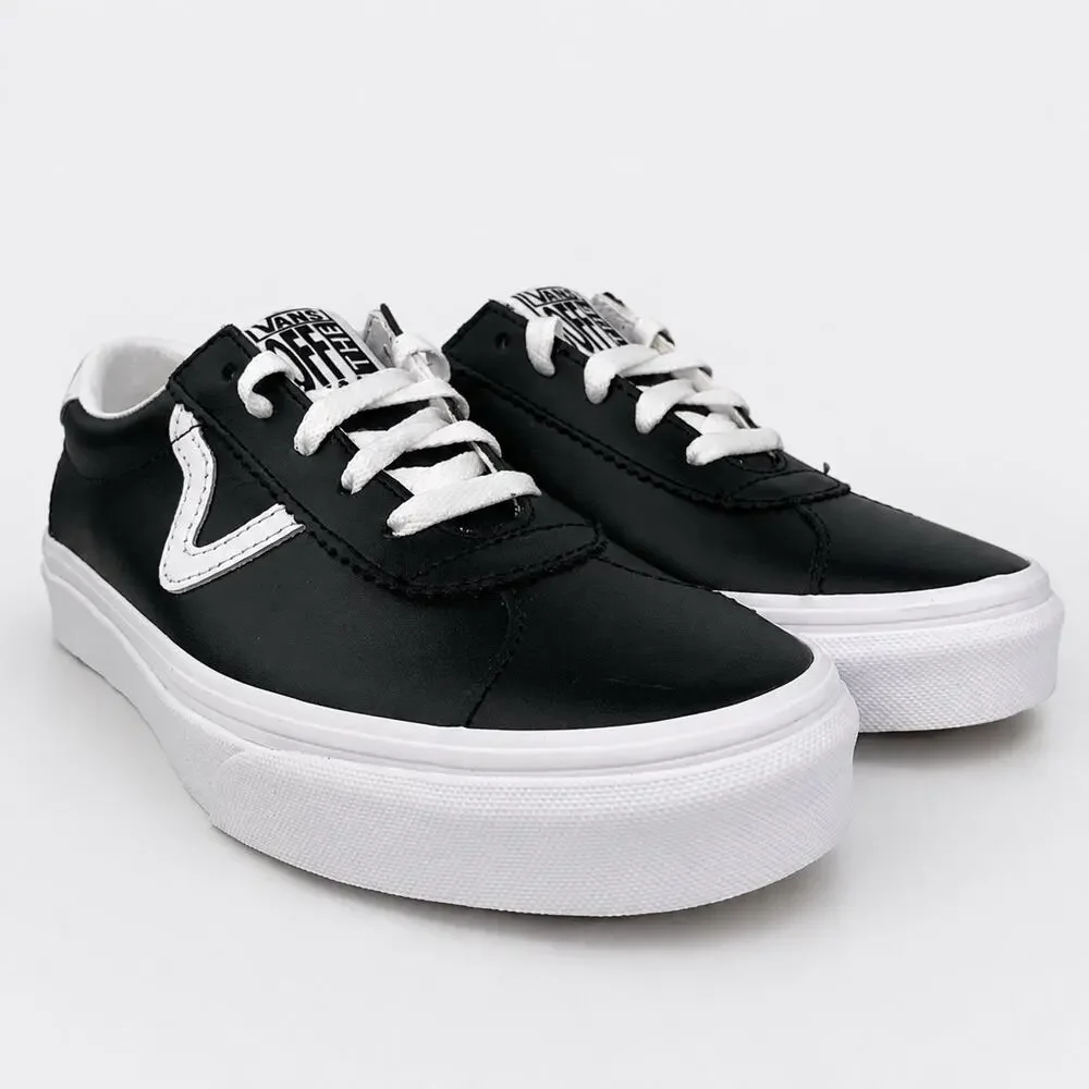 Vans Sport Leather Sneakers Women’s 8 Men’s 6.5 Black White Flying V NWOB